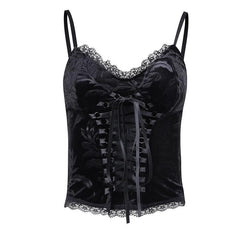 V Neck Hem Lace Velvet Lace Up Cami Top