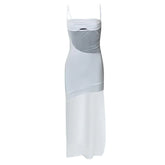 Solid Irregular Hollow Out Mesh Backless Cami Mini Dress
