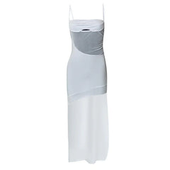 Solid Irregular Hollow Out Mesh Backless Cami Mini Dress