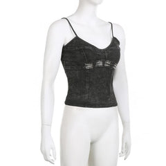 Denim V Neck Zip-Up Backless Cami Crop Top - Final Sale