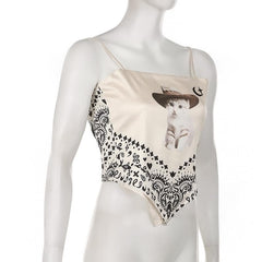 Satin Cat Pattern Knotted Contrast Backless Cami Crop Top
