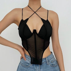 Halter Low Cut Solid Mesh Bustier Cami Top