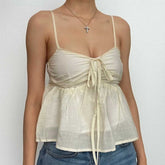 Solid Ruched Ruffle V Neck Smocked Self Tie Cami Top