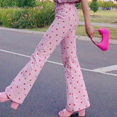 Y2K Pink Pants Heart Printed Sweet Trousers Vintage Aesthetic Party Pants Pockets Joggers Festival Outfits Women New