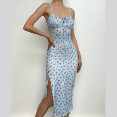 High Slit Floral Heart Neck Ruched Dress