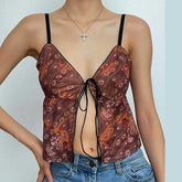 Mesh Flower Print Self Tie Backless V Neck Cami Crop Top - Final Sale