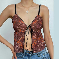 Mesh Flower Print Self Tie Backless V Neck Cami Crop Top - Final Sale