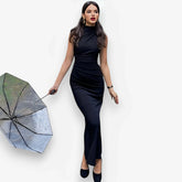 Turtleneck Sleeveless Back Slit Midi Dress