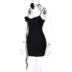 Flower Applique Solid Backless V Neck Ribbon Cami Mini Dress