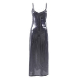 Metallic V Neck Backless Solid Low Cut Cami Maxi Dress