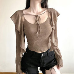 Ruffle Hoodie Self Tie Solid Long Sleeve Shrug 2 Piece Cami Crop Top