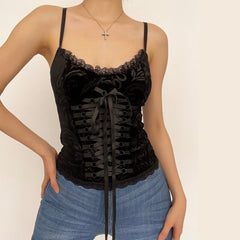 V Neck Hem Lace Velvet Lace Up Cami Top
