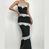 V Neck Lace Hem Contrast Irregular Cami Maxi Dress