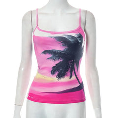 Beach Print U Neck Backless Contrast Cami Top