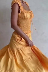 French Yellow Pleated U-Neck Dress
