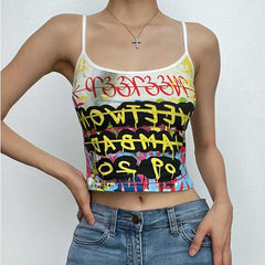 Letter Print Contrast U Neck Backless Cami Crop Top - Final Sale