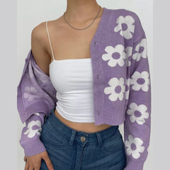 V Neck Flower Pattern Button Knitted Contrast Long Sleeve Cardigan Top