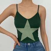 Ribbed Star Pattern Contrast V Neck Cami Top