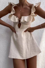 U-Neck Lotus Leaf Lace Short Mini Dress