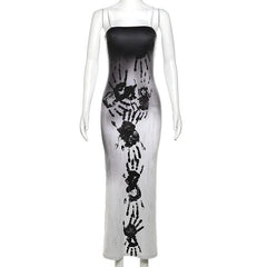 Palm Print Contrast Zip-Up Slit Square Neck Cami Maxi Dress
