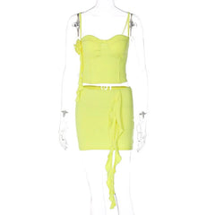 Flower Applique Solid Ruffle Ribbon Cami Mini Skirt Set