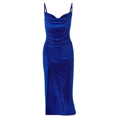 Sleeveless Velvet Slit Cowl Neck Backless Cami Midi Dress