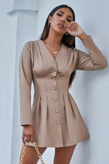 V-Neck Fold Waist Button Shirt Dress