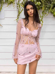 Sweetheart Neck Tie Front Top And Skirt Set