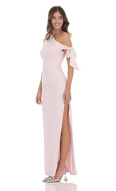 Off Shoulder Tie Strap Maxi Dress in Pink