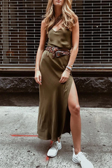 Fashion Casual Solid Split Joint Slit V Neck A Line Dresses (Without Belt)���5 Colors���
