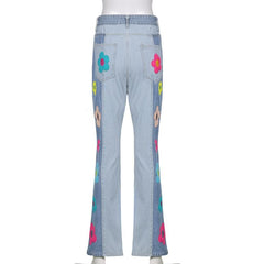 Flower Embroidery Patchwork Contrast Medium Rise Flared Jeans - Final Sale