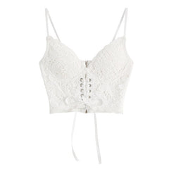 V Neck Heart Neck Solid Lace Up Zip-Up Lace Hem Cami Top