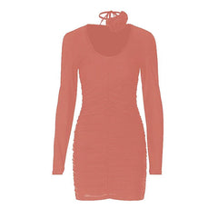 Ruched Long Sleeve Flower Applique U Neck Solid Mini Dress