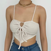 Textured Drawstring Square Neck Solid Hollow Out Cami Top