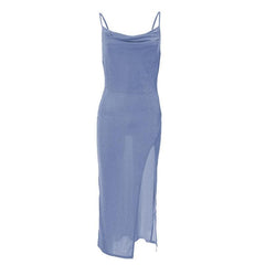Cowl Neck Slit Backless Solid Irregular Cami Midi Dress