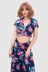 V-Neck Crop Tied Top & Front Slit Skirt