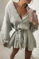 Single-Breasted Tie-Waist Ruffle Dress