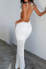White Tie-Back Crochet Hollow Out Tank Dress