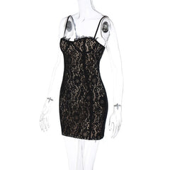 Lace Contrast Zip-Up Backless Cami Mini Dress