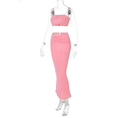 Ruched Solid Spaghetti Strap Backless Square Neck Cami Maxi Skirt Set