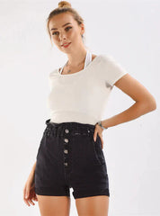 Black Wide-Legged Denim Shorts