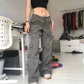 Hot Sell Quality Grunge Streetwear Cargo Pants Woman Low Waist Baggy Mom Jeans Vintage 90S Hippie Wide Leg Denim Trousers Korean Outfits