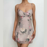 Chiffon Flower Print Contrast V Neck Zip-Up Cami Mini Dress