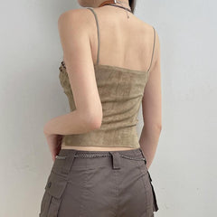 Micro Suede Lace Hem V Neck Ruffle Backless Cami Top