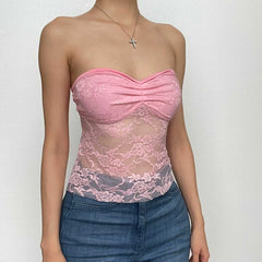Lace Solid Ruched Sweetheart Neck Backless Self Tie Tube Top