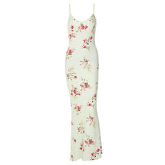Contrast U Neck Backless Flower Print Maxi Dress