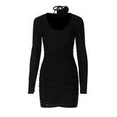 Ruched Long Sleeve Flower Applique U Neck Solid Mini Dress