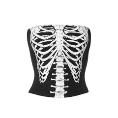 Backless Zip-Up Skull Pattern Contrast Tube Top