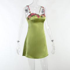 Satin Flower Applique Contrast Zip-Up Cami Mini Dress