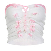 Ribbed Bowknot Contrast Lace Up Backless Tube Top - Final Sale